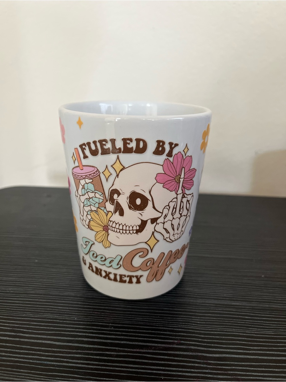 White Ceramic Skull & Flowers Coffee Mug - 'Fueled by Iced Coffee & Anxiety'